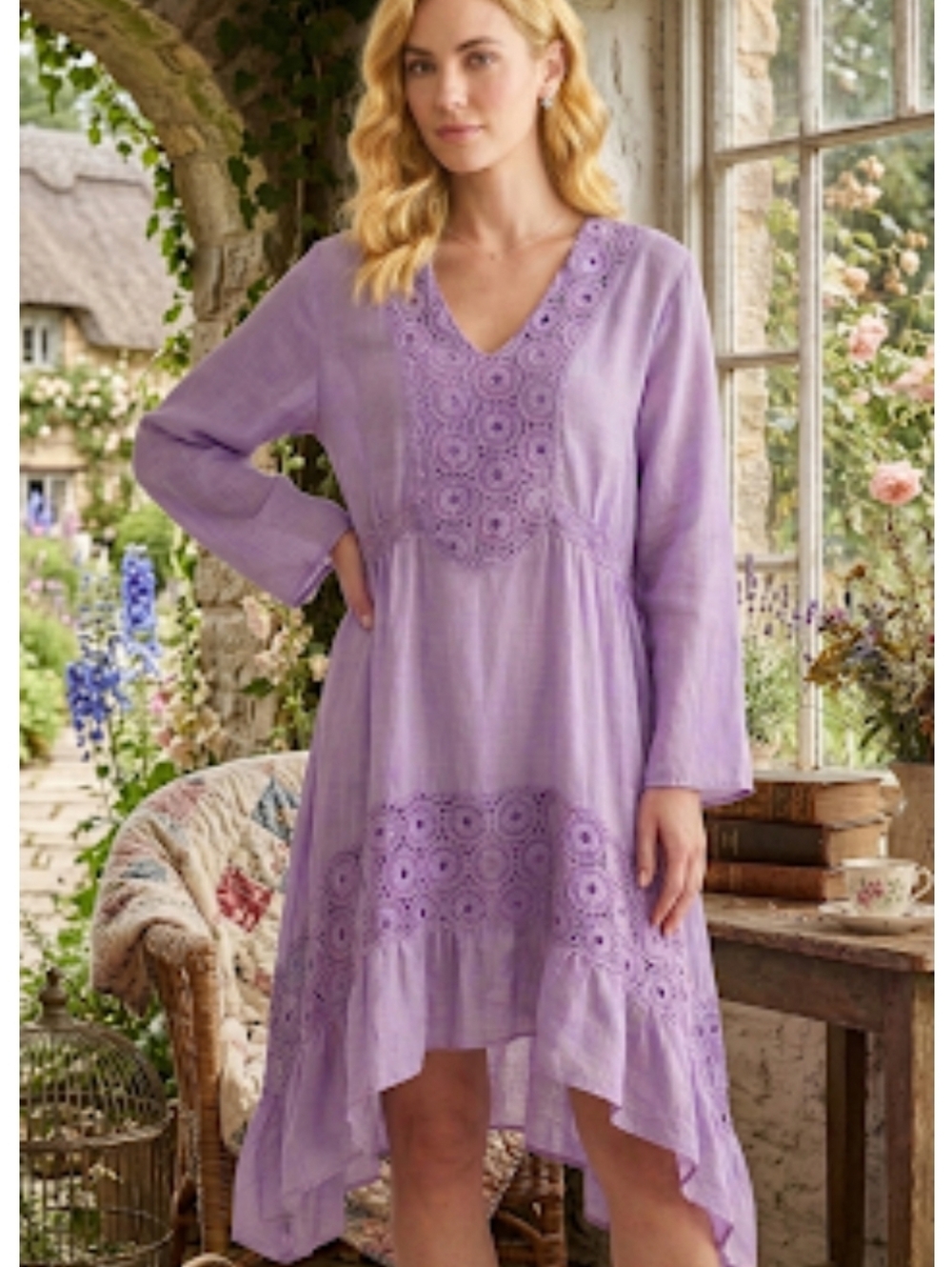 Saga Embroidered Hi-Low Tunic Dress Lavender Silk & Cotton Size 3